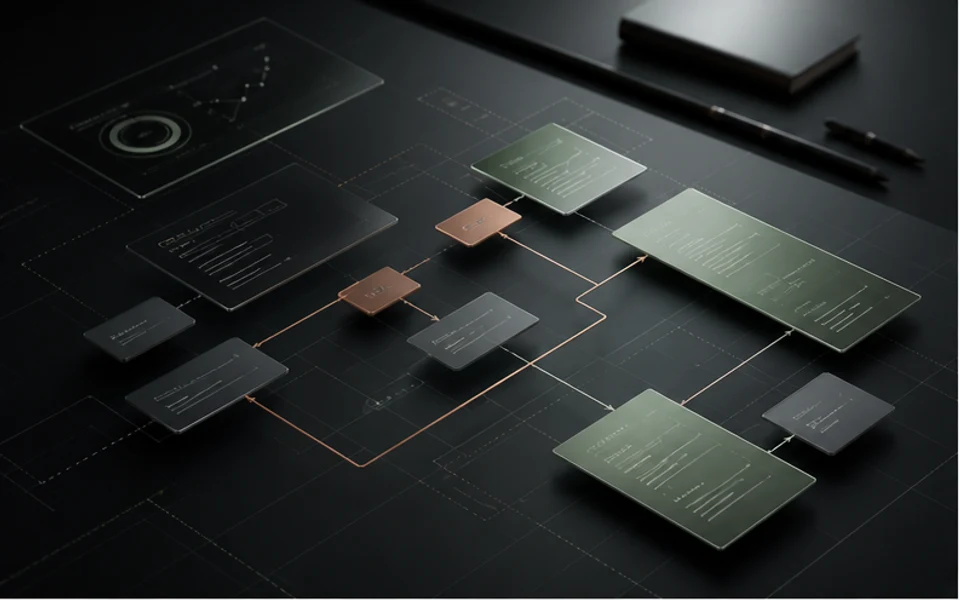 Abstract strategic roadmap workspace with layered interface cards